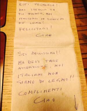 FOTO / S-a dus la restaurant, dar nu ştia ce o aşteaptă! Un italian s-a îndrăgostit de Oana Lis! Ce bilet i-a scris bărbatul