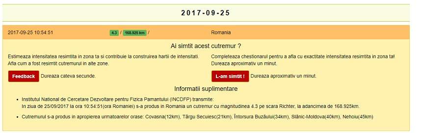 Cutremur de 4,3 grade pe scara Richter în România