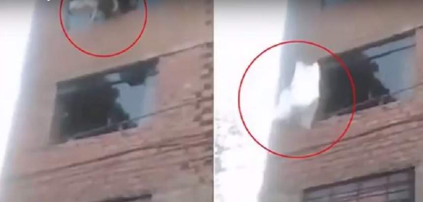 VIDEO / Şi-a aruncat copilul de la etajul 4 pentru a-i salva viaţa. Cum au reacţionat vecinii