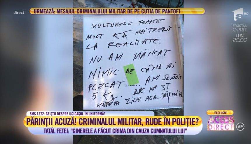 VIDEO / Mesaje terifiante lăsate de militarul care şi-a ucis iubita pe cutiile de pantofi. "E vina mea, îţi doresc tot binele din lume"