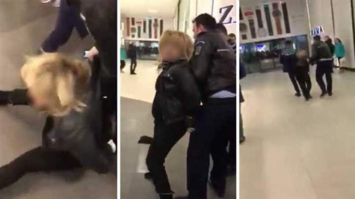 VIDEO / Scene șocante într-un mall din Capitală. O femeie a fost târâtă de polițiști, în fața copilului de 6 ani