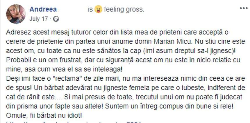 Mesajul alarmant postat de Andreea, tânăra ucisă din Argeş, cu puţin timp înainte de crimă. "Un om frustrat"