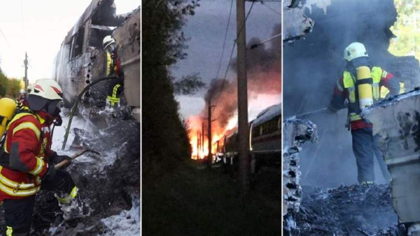 FOTO / Momente de panică pentru sute de persoane! Un tren a luat foc