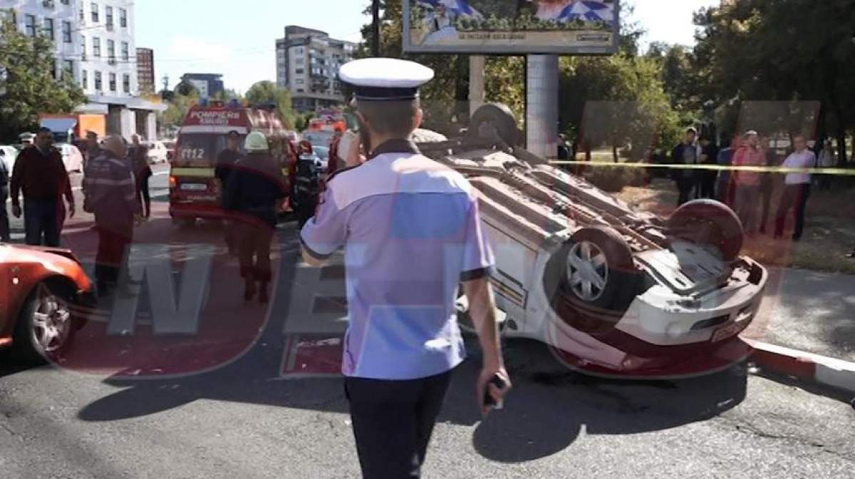 FOTO&VIDEO / Accident spectaculos, la Pitești! O mașină de poliție a fost lovită și răsturnată