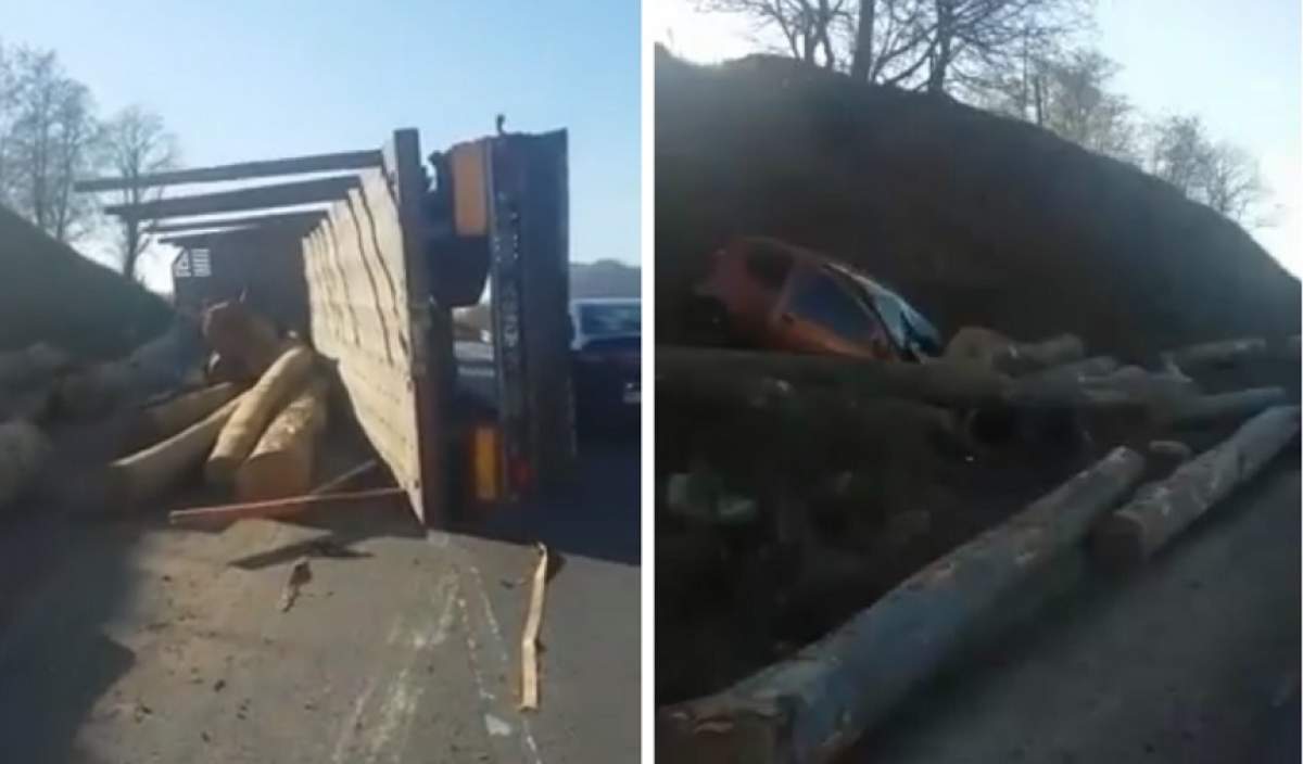 VIDEO / Accident foarte grav în Sibiu! Un TIR încărcat cu lemne s-a răsturnat peste o maşină
