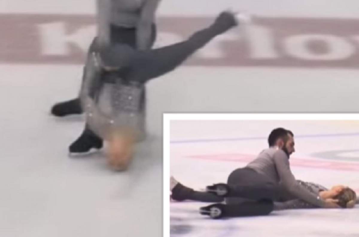VIDEO / Momente de panică într-un spectacol! O patinatoare a fost scăpată în cap de partenerul ei