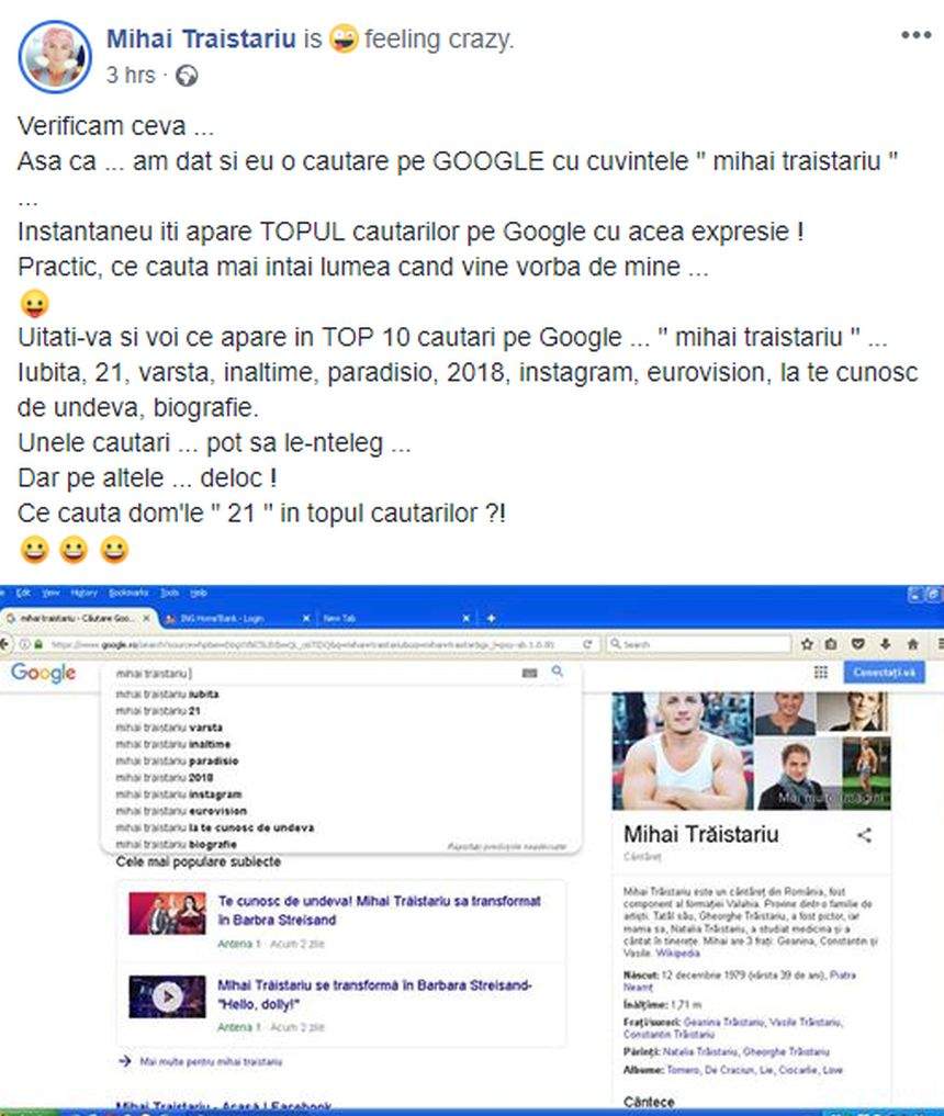 Mihai Trăistariu, aroganţă pe net. Artistul se laudă, din nou, cu bărbăţia sa. "Ce caută, dom'le, 21 acolo?"