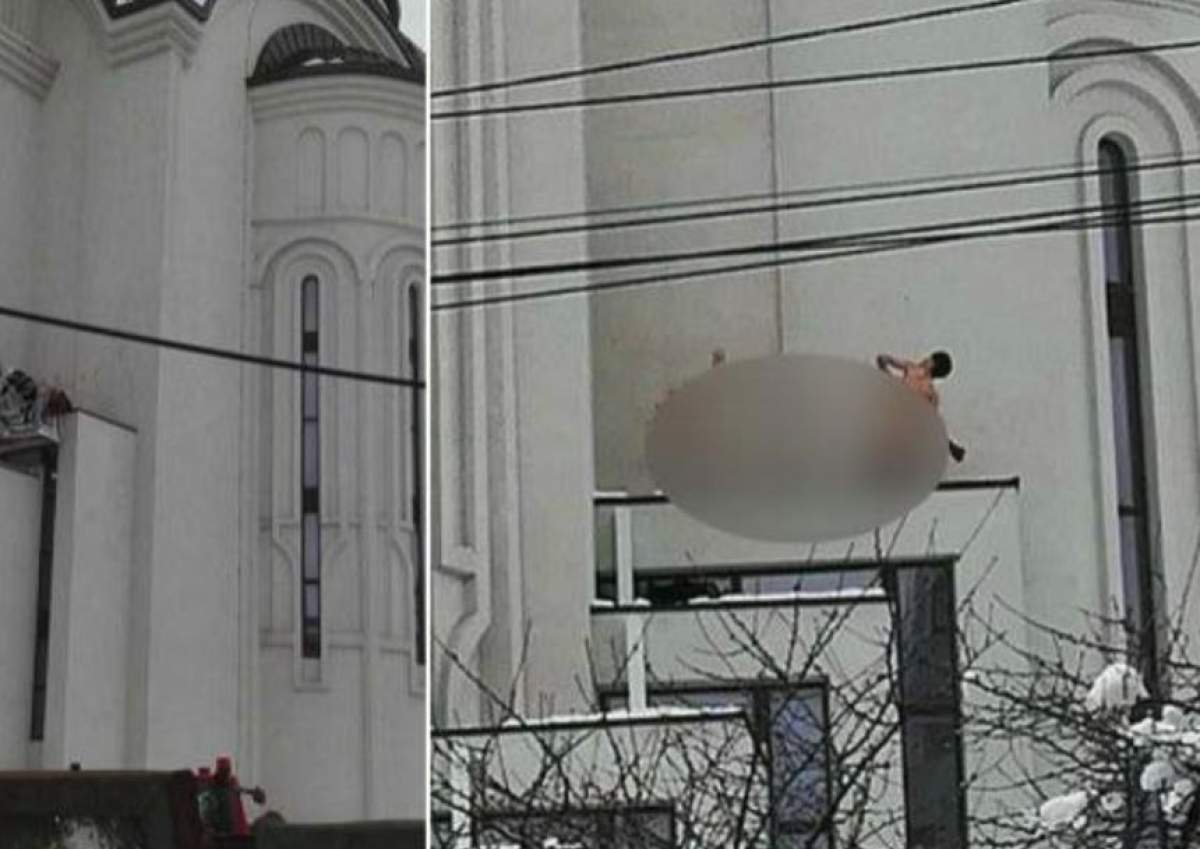 FOTO / Scene şocante pe Catedrala din Suceava. Un tânăr complet dezbrăcat ameninţă că se sinucide