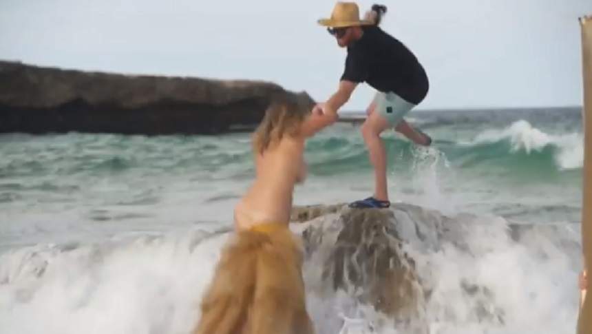 VIDEO / Poza topless pe stânci când valul a lovit-o puternic! Imagini şocante cu fotomodelul Kate Upton