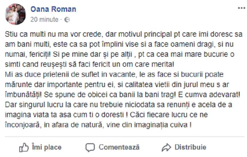 FOTO / Oana Roman, motivul principal pentru care îşi doreşte mulţi bani: "Ştiu că mulţi nu mă vor crede"