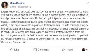 Reacția Marei Bănică, după ce Petronela, fetița pe care părinții au refuzat să o trateze de cancer, a murit: "De acolo sus, sper să ne ierți"