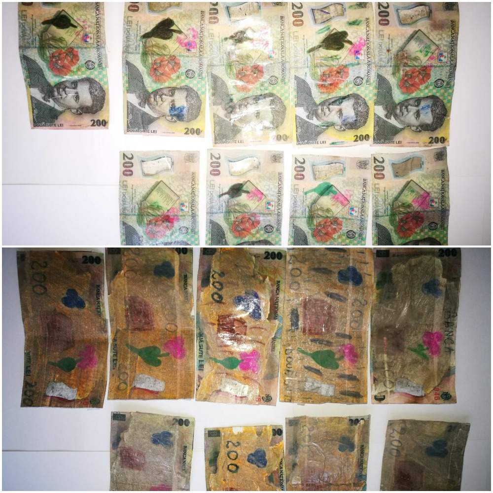 FOTO / Un bărbat din Vrancea a xeroxat bani și i-a colorat cu carioca. Ce voia să facă vrânceanul cu comicele bancnote
