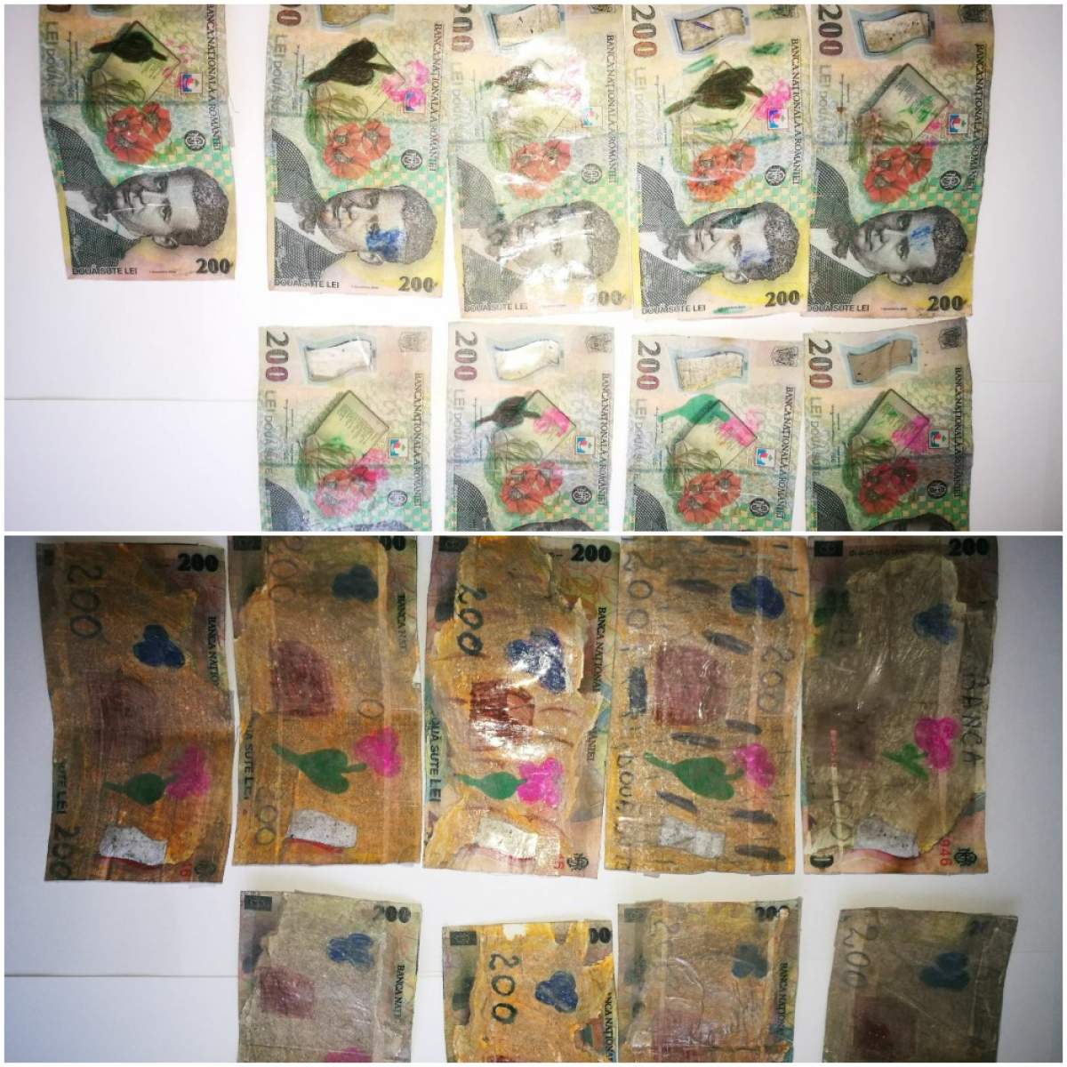 FOTO / Un bărbat din Vrancea a xeroxat bani și i-a colorat cu carioca. Ce voia să facă vrânceanul cu comicele bancnote