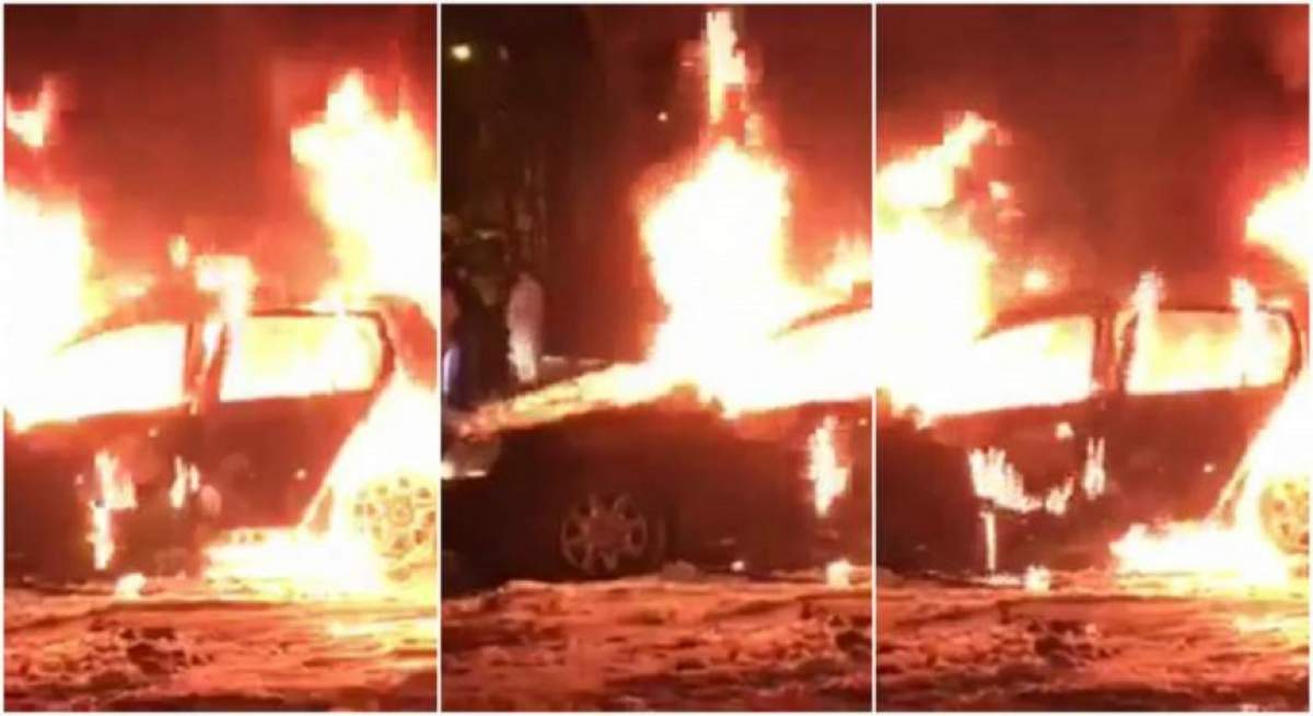 VIDEO / Tulburător! Un bărbat din Bacău a dat foc unei mașini parcate pe locul său! Flăcările l-au cuprins și pe el