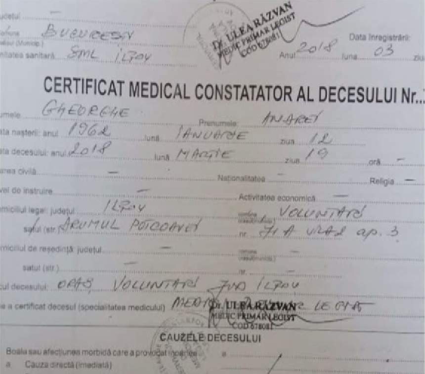 FOTO / Certificatul de deces al lui Andrei Gheorghe! Ce este scris în dreptul cauzei morţii