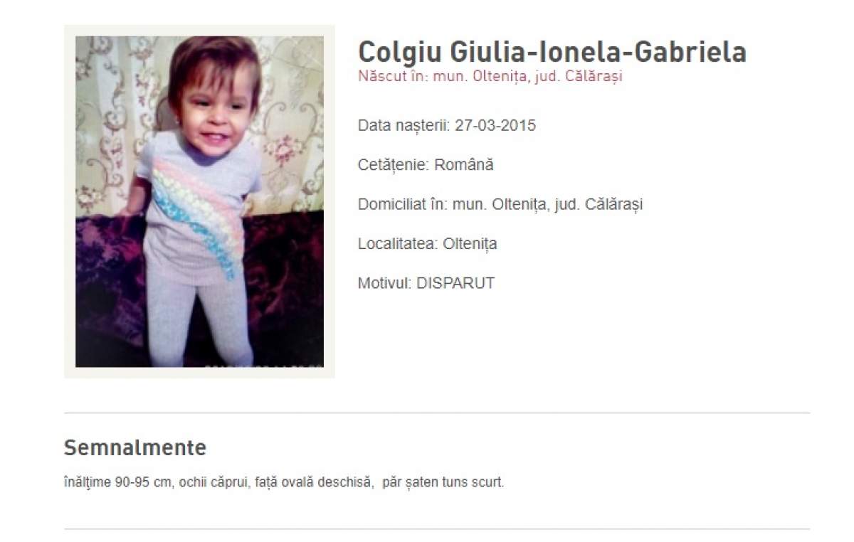 UPDATE / Fetița de 3 ani din Oltenița dată dispărută a fost găsită moartă