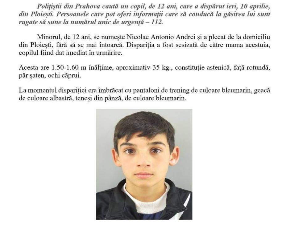 Un băiat de 12 ani a dispărut fără urmă. Poliția cere ajutor pentru a-l găsi pe Antonio