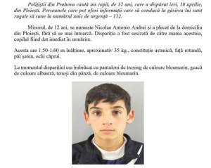 Un băiat de 12 ani a dispărut fără urmă. Poliția cere ajutor pentru a-l găsi pe Antonio