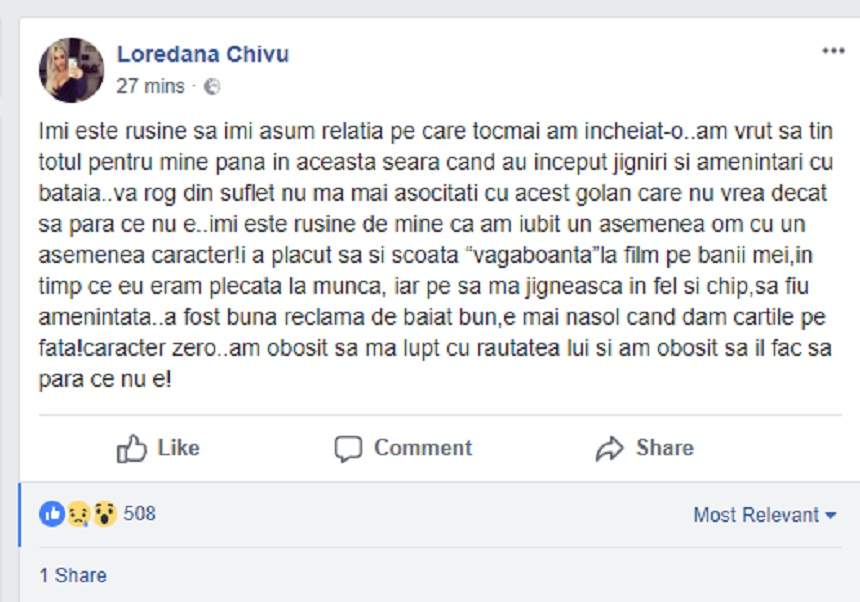 Loredana Chivu, mesaj tranşant pentru fostul iubit: "Îmi este ruşine de mine că am iubit un asemenea om"