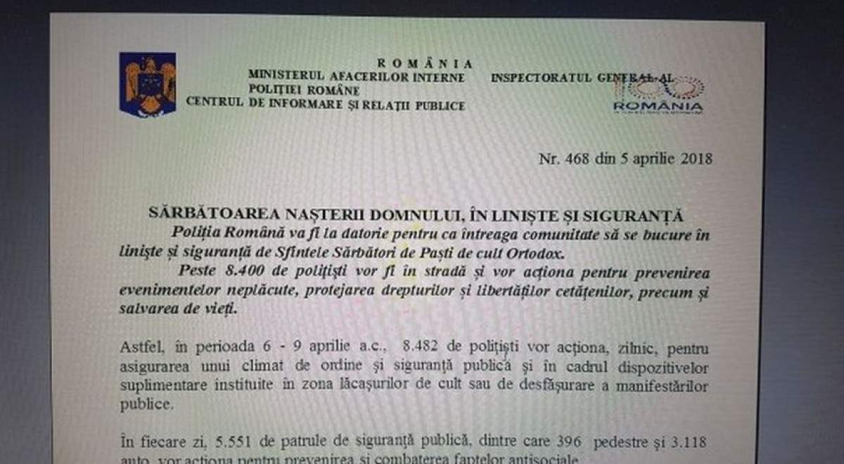 Gafă de proporţii a Poliţiei Române. A confundat Paştele cu Crăciunul