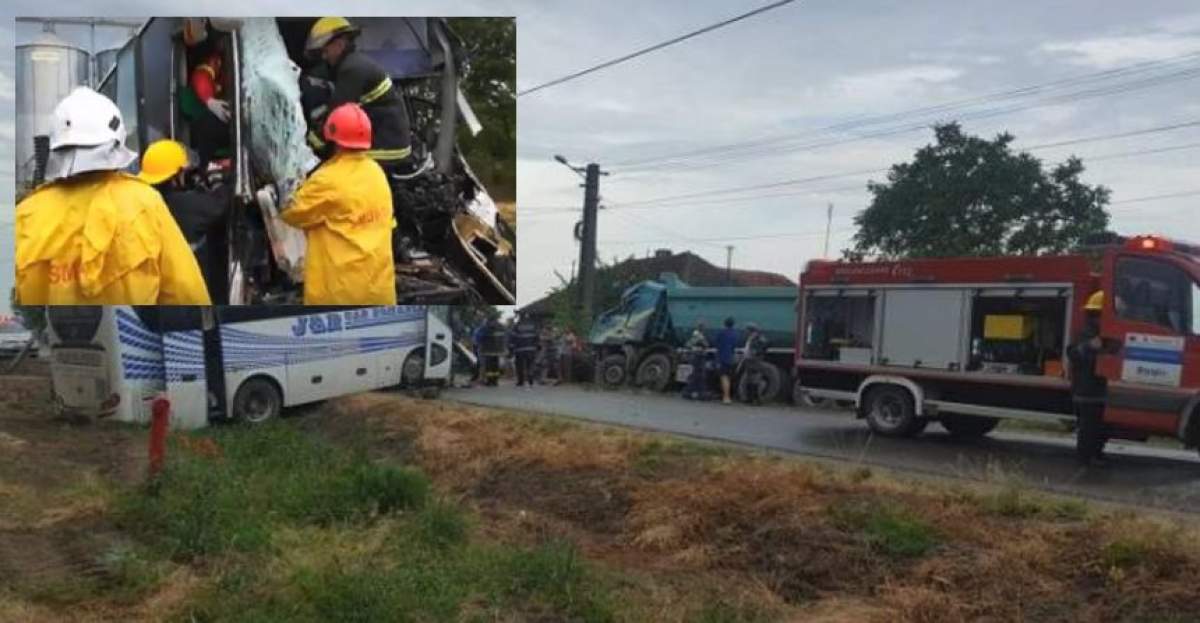 VIDEO & FOTO / Accident grav între un autobuz şi o autobasculantă, în Arad. Un călător a rămas fără picioare