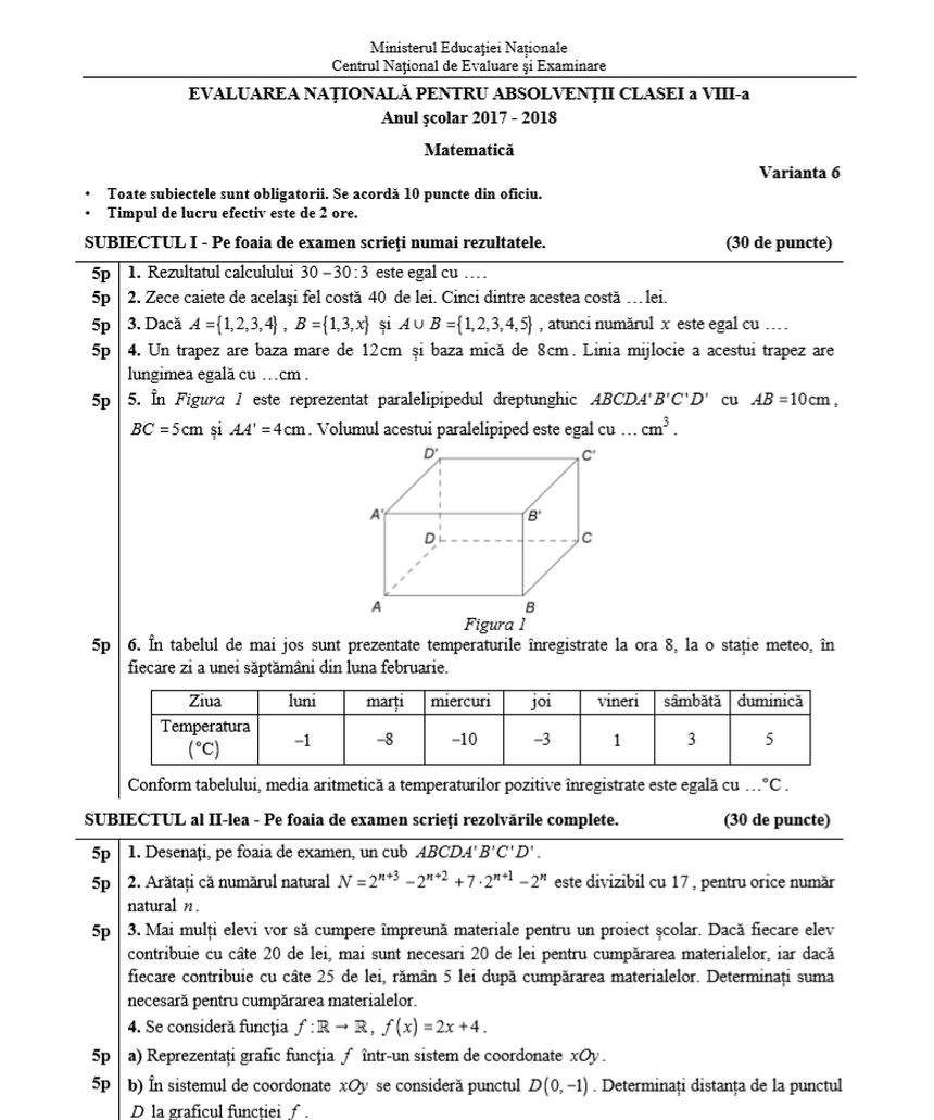 FOTO / Subiecte şi barem Evaluare Naţională 2018 - Matematică. Ce au avut de rezolvat elevii claselor a VIII-a