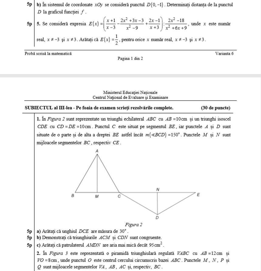 FOTO / Subiecte şi barem Evaluare Naţională 2018 - Matematică. Ce au avut de rezolvat elevii claselor a VIII-a