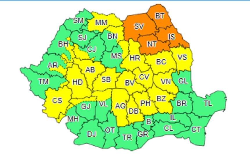 UPDATE /  România, sub cod galben şi portocaliu, de vreme rea, până luni dimineaţă