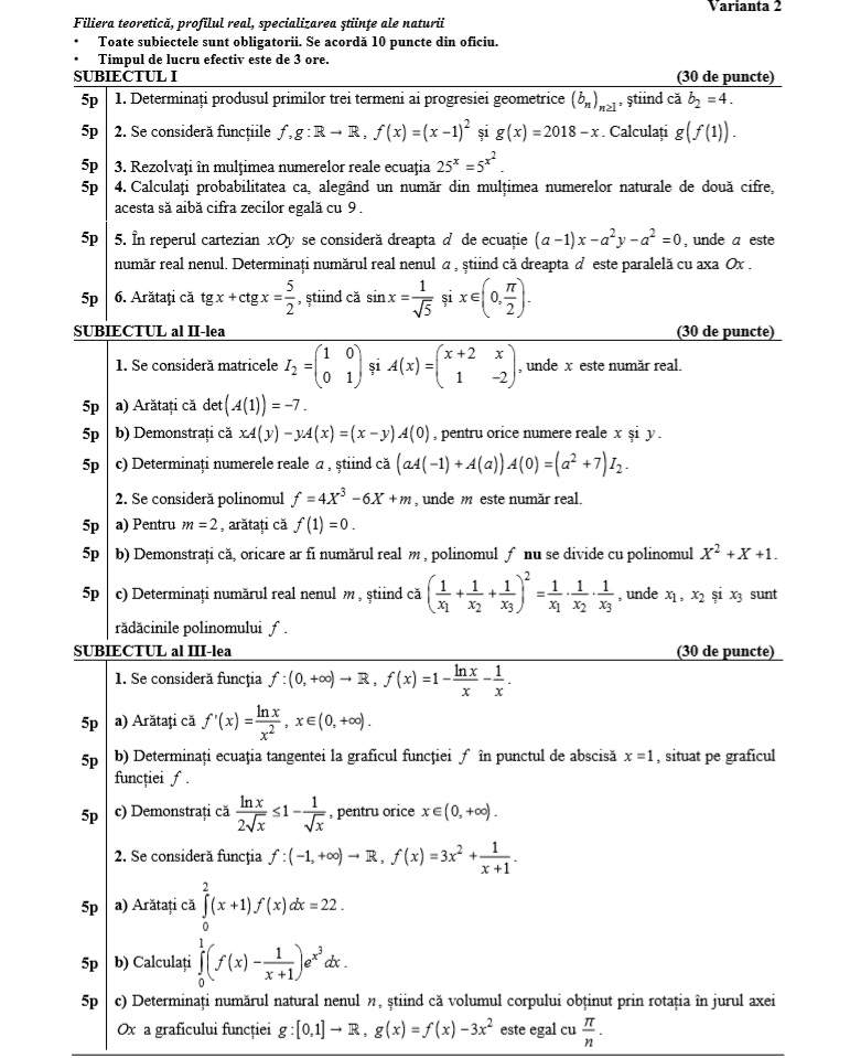 UPDATE: SUBIECTE ȘI BAREM BAC 2018. Ce au avut de rezolvat elevii la Matematică