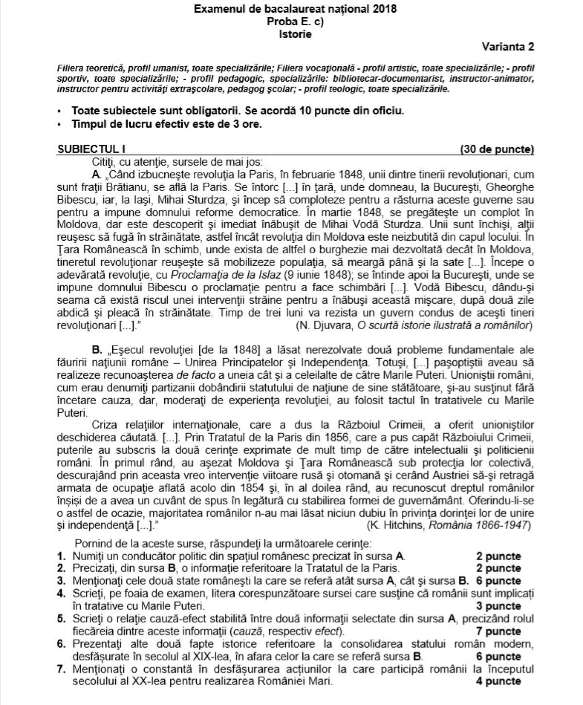 UPDATE: SUBIECTE ȘI BAREM BAC 2018. Ce au avut de rezolvat elevii la Istorie