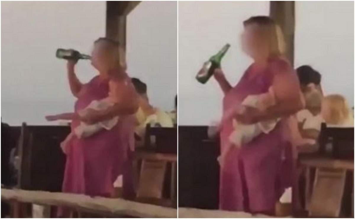 VIDEO ȘOCANT / O femeie "rade" pe nerăsuflate o sticlă de bere, în timp ce bebelușul plânge în brațele ei