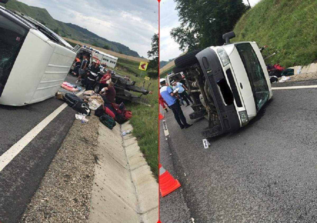 FOTO / Accident grav în Sibiu! Un microbuz s-a răsturnat din cauza vitezei