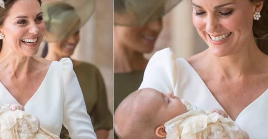 FOTO / Kate Middleton VS Meghan Markle. Semnificația ascunsă a rochiilor purtate de ducese, la botezul Prințului Louis