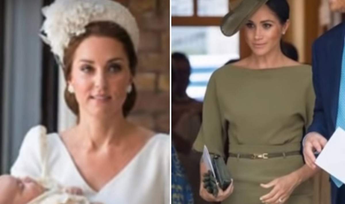 FOTO / Kate Middleton VS Meghan Markle. Semnificația ascunsă a rochiilor purtate de ducese, la botezul Prințului Louis