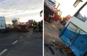 Accident foarte grav în Bihor! Un autocar, o autoutilitară şi un microbuz s-au ciocnit violent