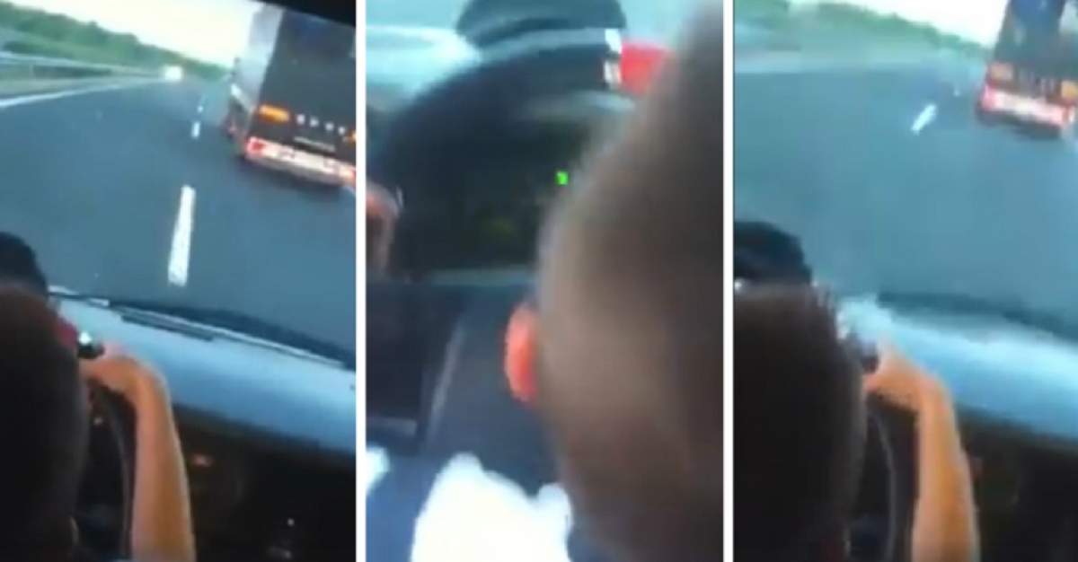 VIDEO / Aşa arată inconştienţa! Copil de nici 7 ani, lăsat singur la volan pe o autostradă de lângă Sibiu