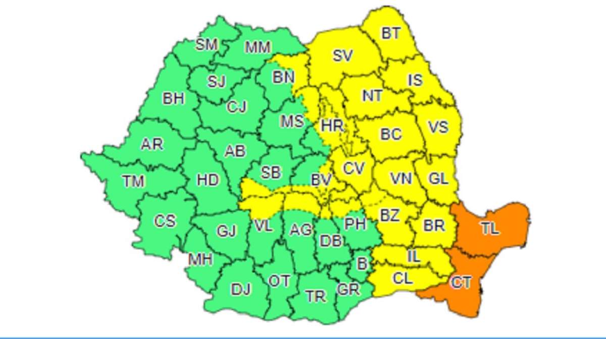 UPDATE: Cod galben şi portocaliu de vreme rea pentru mai multe zone din ţară, valabil azi şi mâine