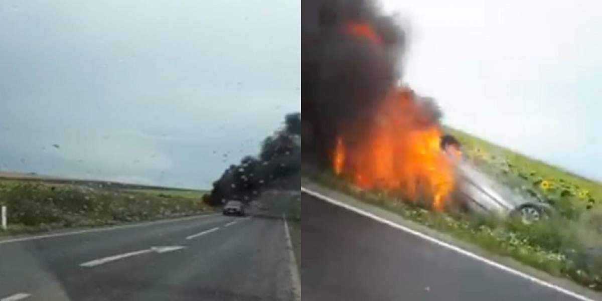 FOTO & VIDEO / Imagini şocante. O maşină s-a răsturnat şi a luat foc la Constanţa