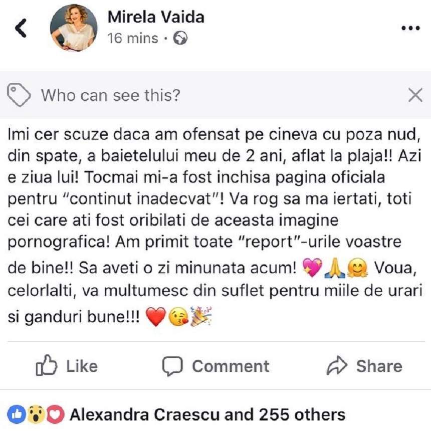 FOTO / Mirela Vaida a rămas fără pagină de Facebook. "Îmi cer scuze dacă am ofensat pe cineva"