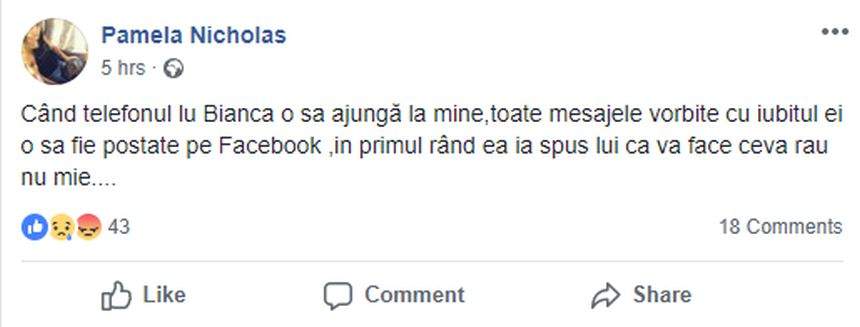 Pamela, sora Bincăi Hîncu, tânăra din Huși care s-a spânzurat, a reacţionat în urma acuzaţiilor aduse. "Toate mesajele cu iubitul ei vor fi postate"