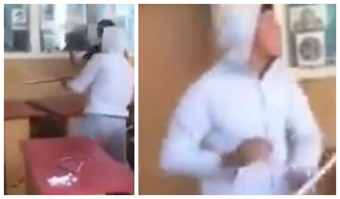 VIDEO / Imagini șocante în Slatina! Un elev s-a înarmat cu o sabie și a început să o arunce prin clasă