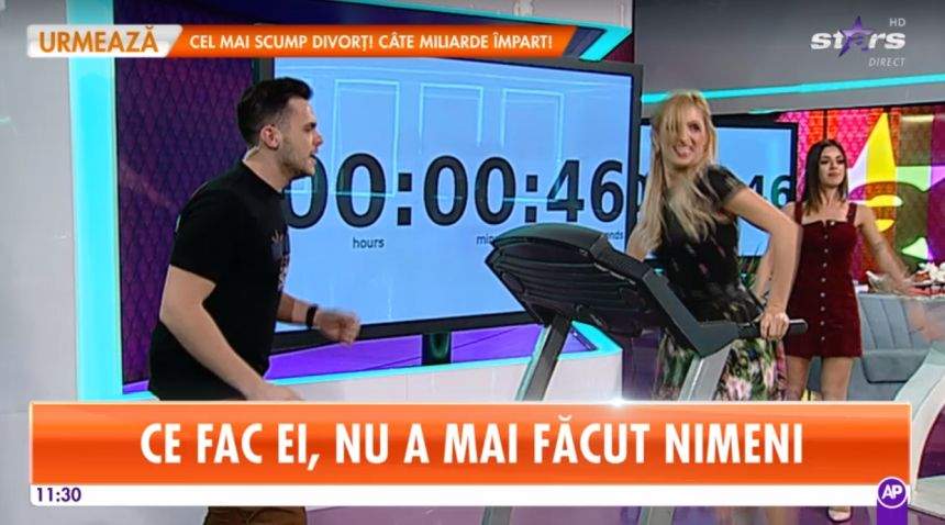 FOTO / Nebunie în platoul matinalilor. S-au luat la întrecere, în direct! Cine a câştigat bătălia pe banda de alergat!