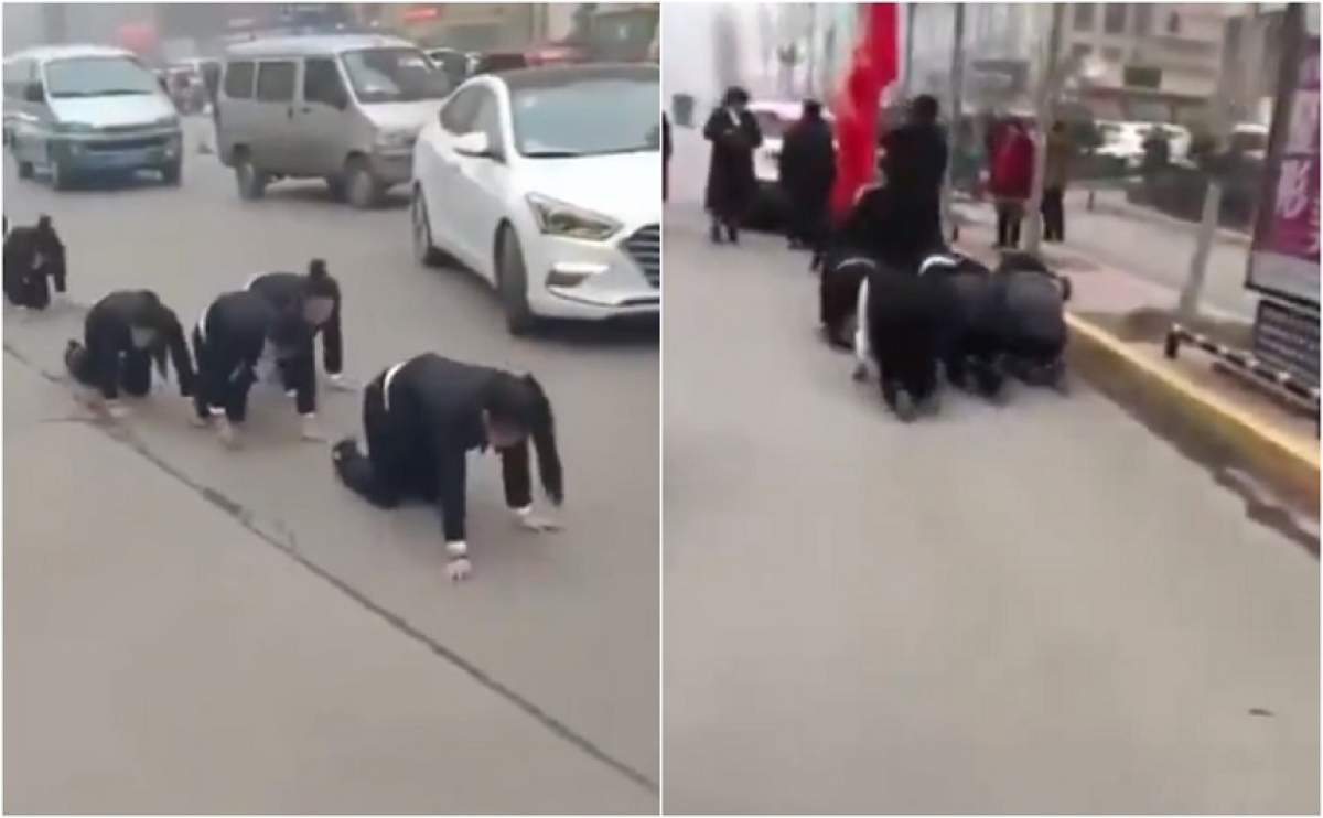 VIDEO / Motivul incredibil pentru care angajații unei companii au fost obligați de șef să meargă în genunchi pe stradă