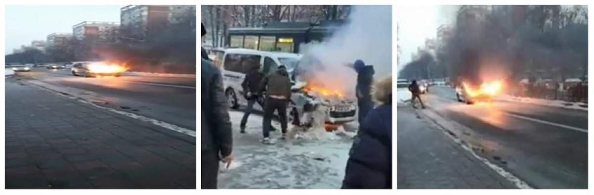 VIDEO / Clipe teribile în Iaşi, după ce o maşină a luat foc în trafic! Şoferii au încercat să stingă flăcările cu zăpadă