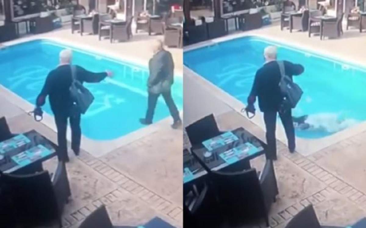 Momentul când un inspector ANAF cade în piscina restaurantului pe care îl controlează. VIDEO