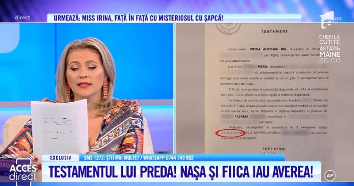 Testamentul parafat al lui Aurelian Preda, citit în direct. Anamaria Preda NU este inclusă!