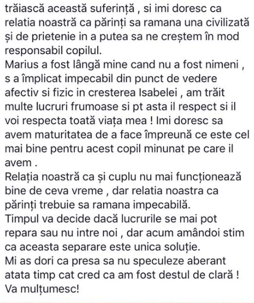 Prima reacţie a lui Marius Elisei, după despărţirea de Oana Roman. "Perfect fără tine"