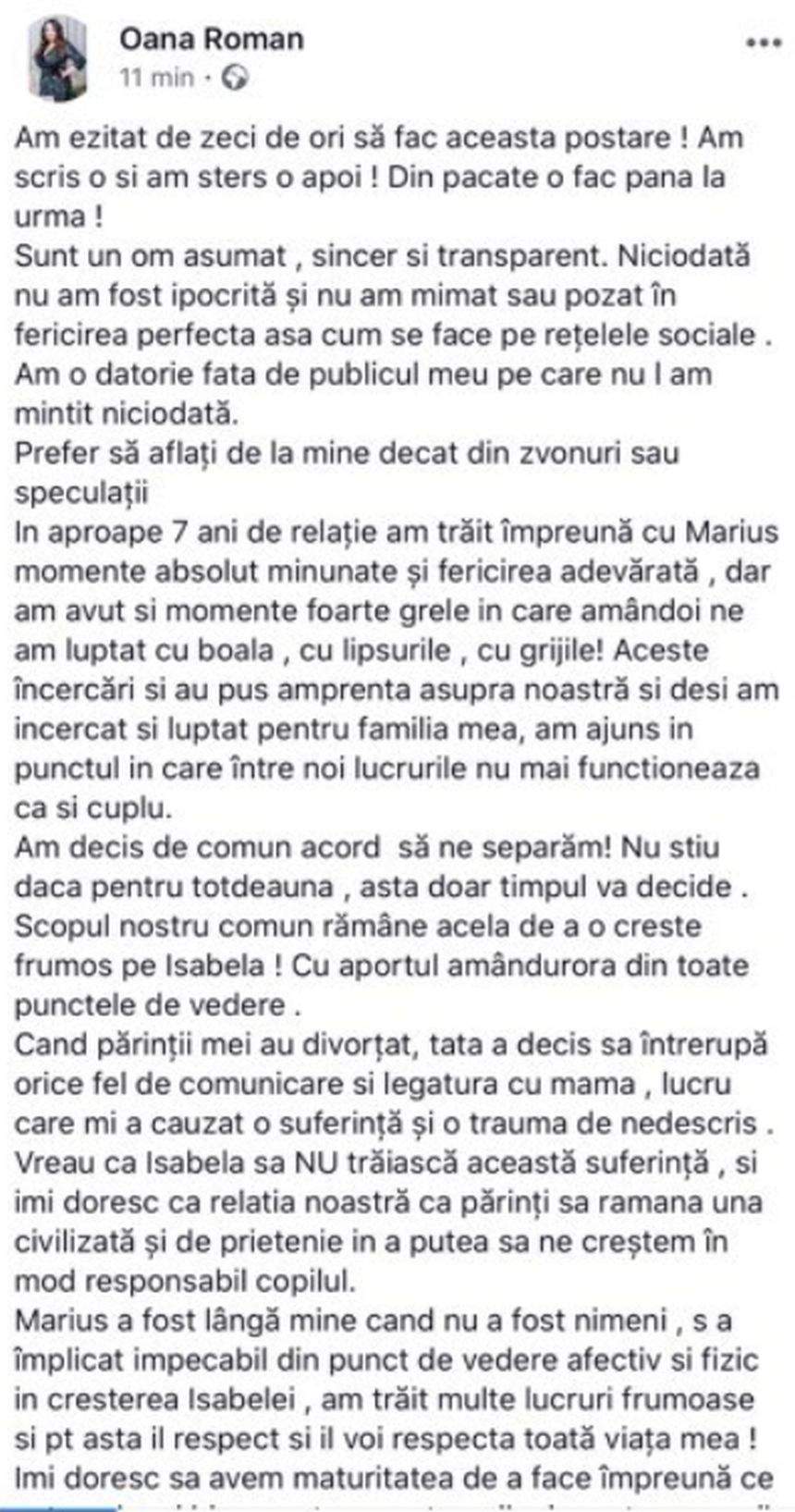 Prima reacţie a lui Marius Elisei, după despărţirea de Oana Roman. "Perfect fără tine"