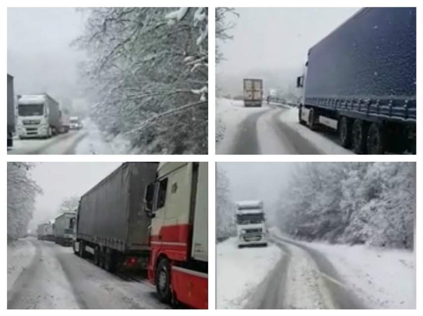 VIDEO / Vremea surprinzătoare loveşte Mediaşul! Mai multe camioane au fost blocate pe DN14