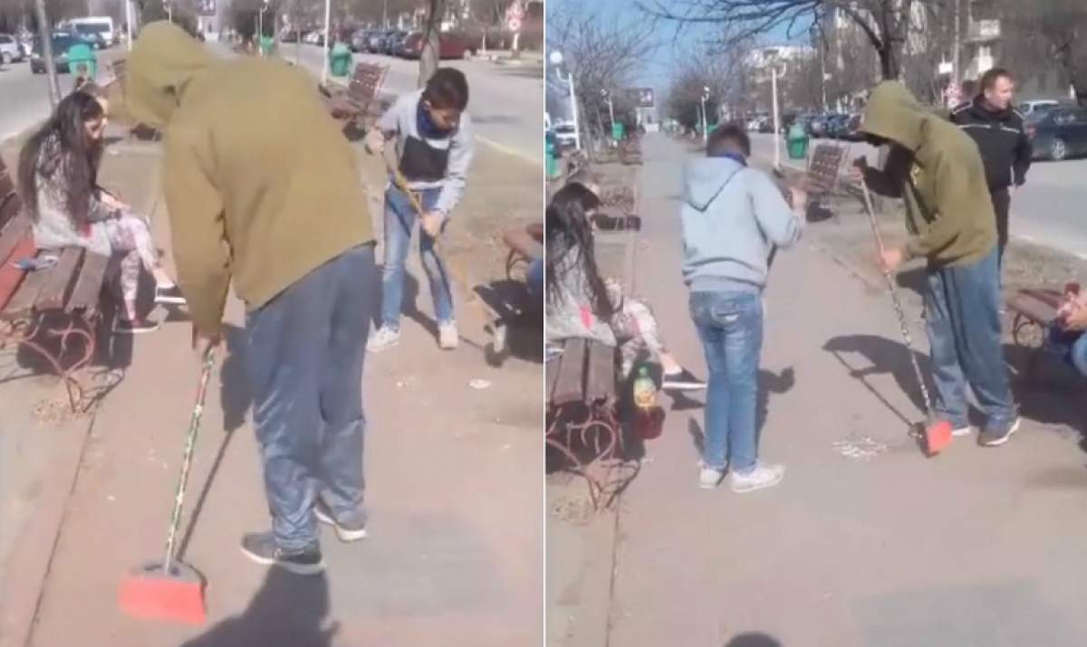 VIDEO / După fapt şi răsplată! Mai mulţi tineri din Calafat, pedepsiţi pentru că scuipau coji de seminţe pe stradă